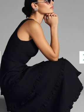 Anthropologie Black Ruffled Tiered Midi Dress